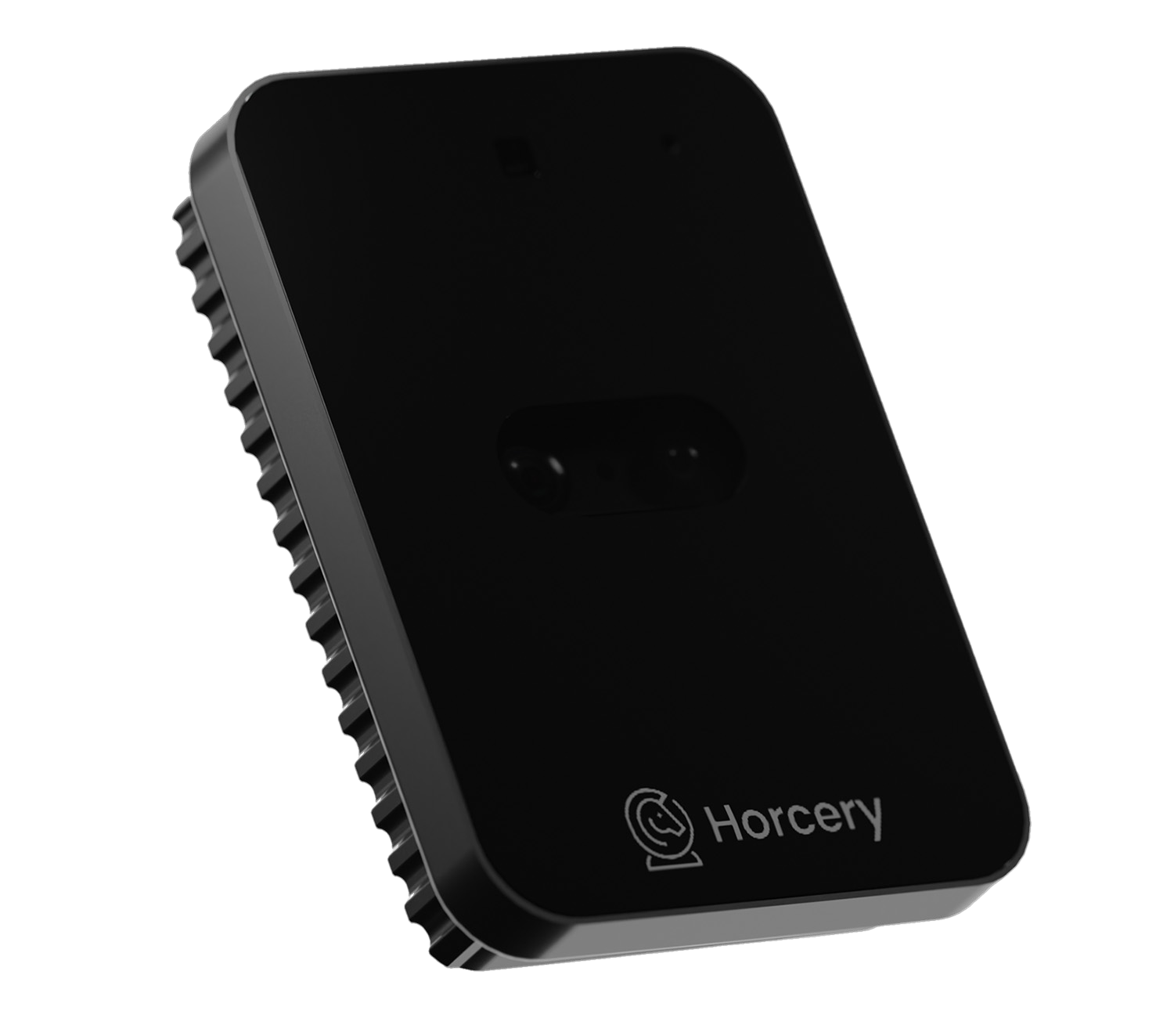 A close-up product image of the Horcery Stall Monitor device in sleek matte black, featuring dual sensors and the Horcery logo at the bottom. The unit has a compact, modern design.